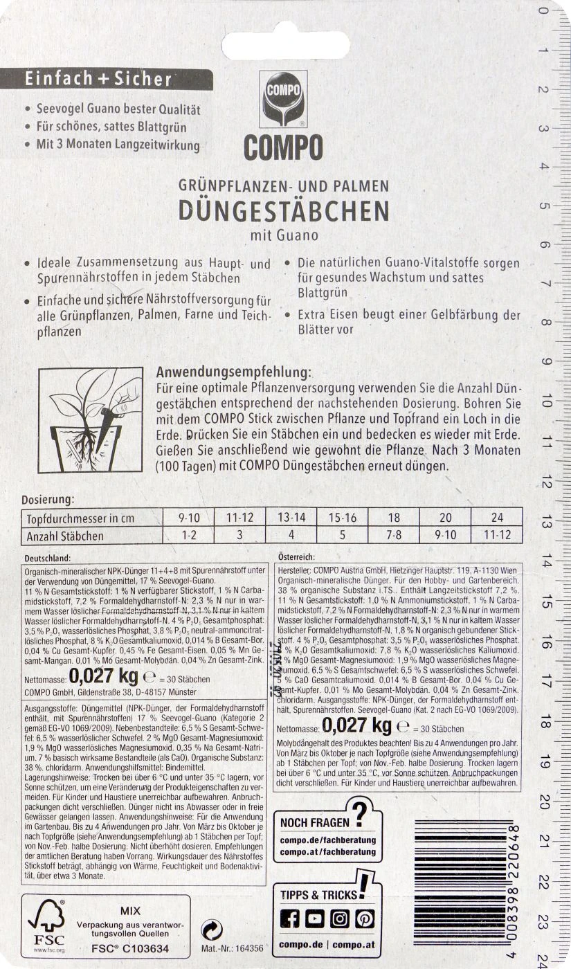 Compo Grünpflanzen- Und Palmen Düngestäbchen Mit Guano - 30 Stück 2 Compo Grünpflanzen- Und Palmen Düngestäbchen Mit Guano - 30 Stück – Bild 2